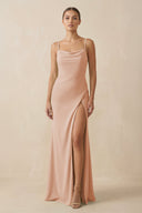Sheath Spaghetti Straps Chiffon Long Bridesmaid Dress in Champagne Rose - KissProm Bridesmaid Dresses
