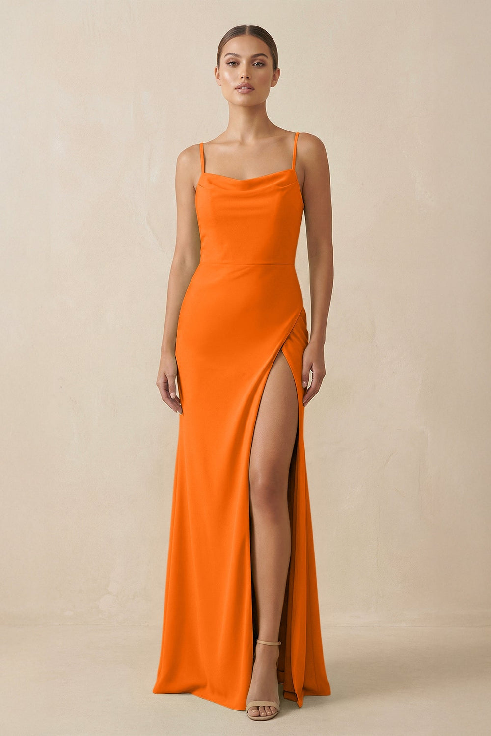 Sheath Spaghetti Straps Chiffon Long Bridesmaid Dress in Cinnamon - KissProm Bridesmaid Dresses