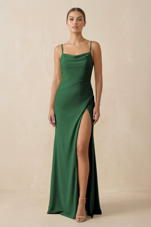 Sheath Spaghetti Straps Chiffon Long Bridesmaid Dress in Dark Green - KissProm Bridesmaid Dresses