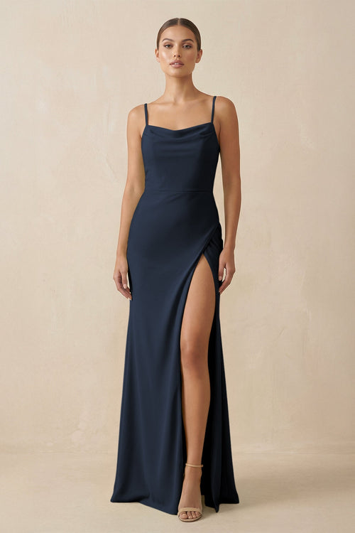 Sheath Spaghetti Straps Chiffon Long Bridesmaid Dress in Dark Navy - KissProm Bridesmaid Dresses