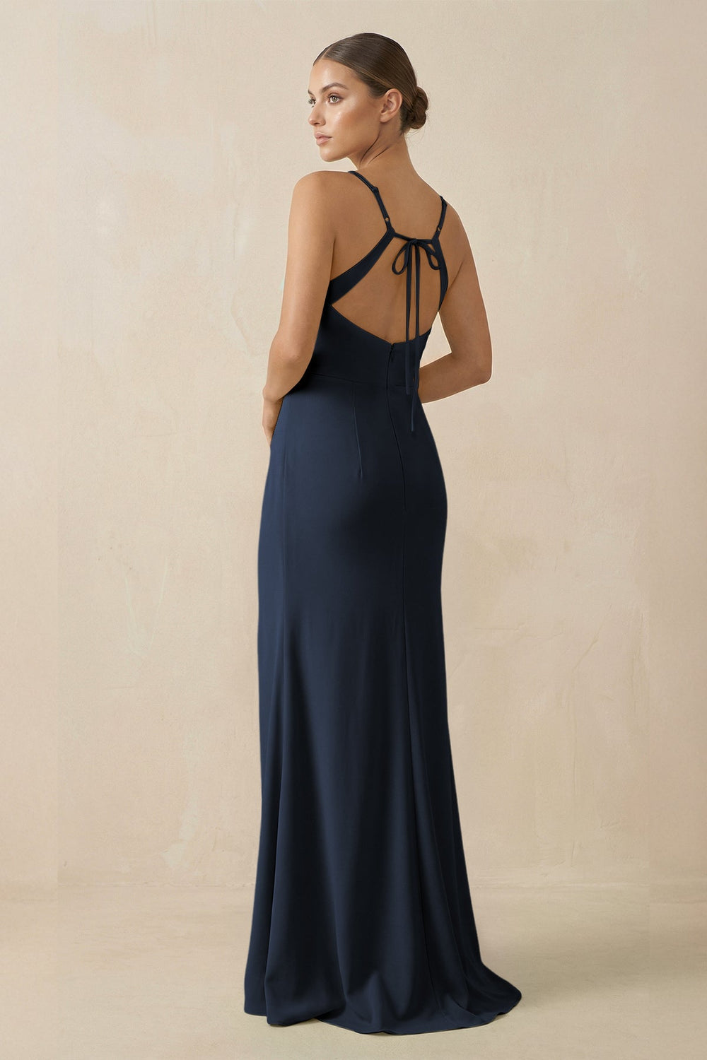 Sheath Spaghetti Straps Chiffon Long Bridesmaid Dress in Dark Navy - KissProm Bridesmaid Dresses