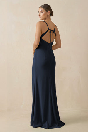 Sheath Spaghetti Straps Chiffon Long Bridesmaid Dress in Dark Navy - KissProm Bridesmaid Dresses