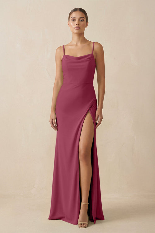 KissProm Sheath Spaghetti Straps Chiffon Long Bridesmaid Dress in Desert Rose, Desert Rose / 18