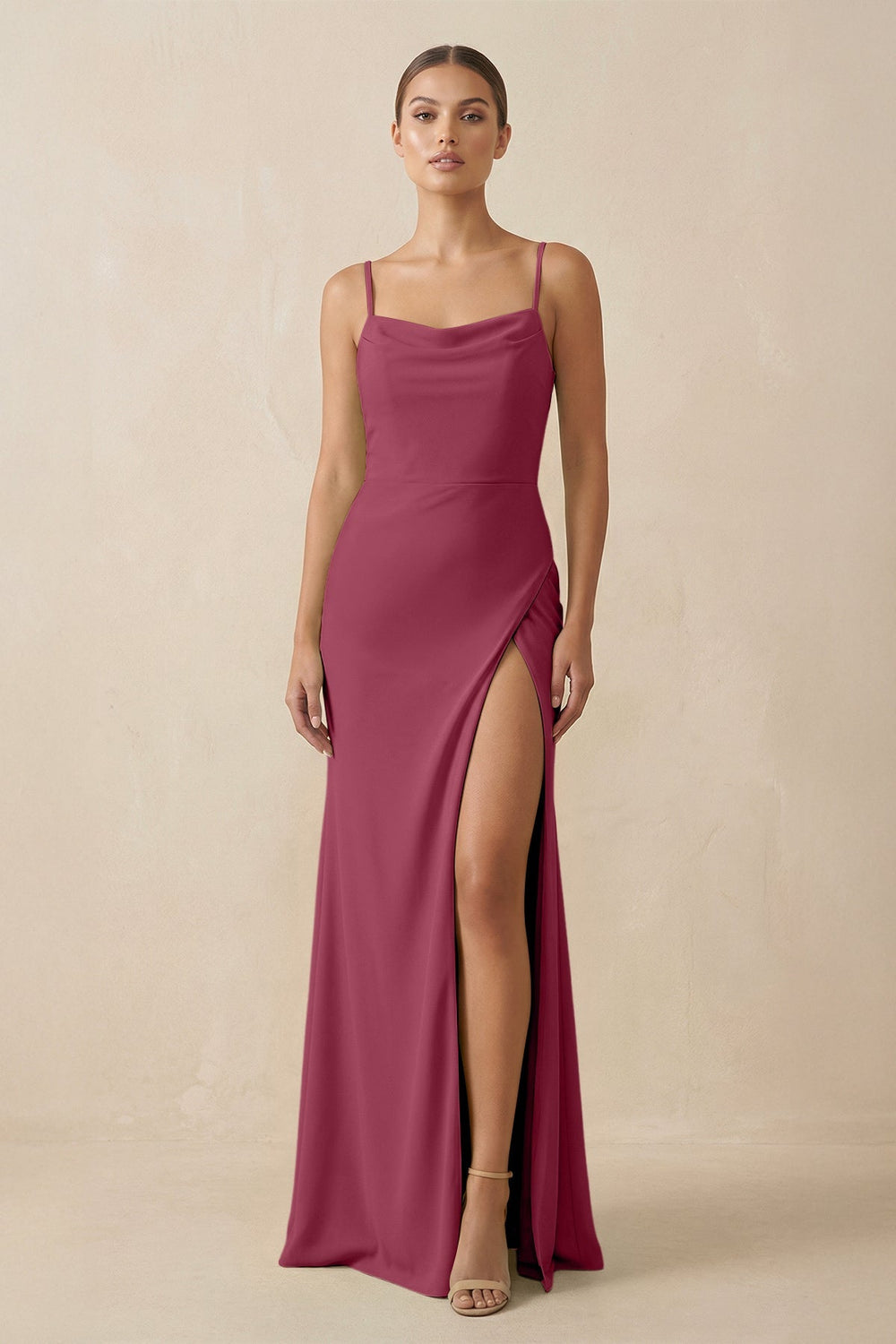 Sheath Spaghetti Straps Chiffon Long Bridesmaid Dress in Desert Rose - KissProm Bridesmaid Dresses