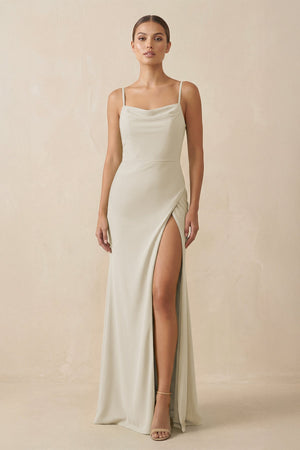 Sheath Spaghetti Straps Chiffon Long Bridesmaid Dress in Dove Gray - KissProm Bridesmaid Dresses