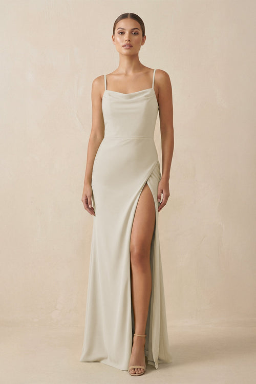 Sheath Spaghetti Straps Chiffon Long Bridesmaid Dress in Dove Gray - KissProm Bridesmaid Dresses