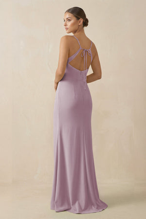 Sheath Spaghetti Straps Chiffon Long Bridesmaid Dress in Dusk - KissProm Bridesmaid Dresses