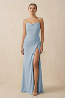 Sheath Spaghetti Straps Chiffon Long Bridesmaid Dress in Dusty Blue - KissProm Bridesmaid Dresses