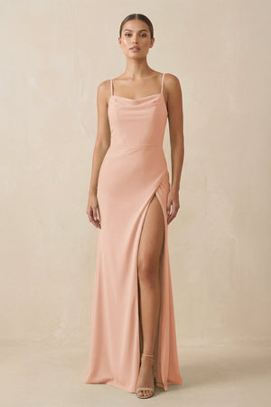 Sheath Spaghetti Straps Chiffon Long Bridesmaid Dress in English Rose - KissProm Bridesmaid Dresses