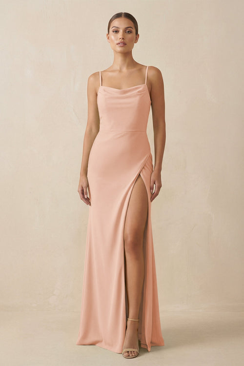 Sheath Spaghetti Straps Chiffon Long Bridesmaid Dress in English Rose - KissProm Bridesmaid Dresses