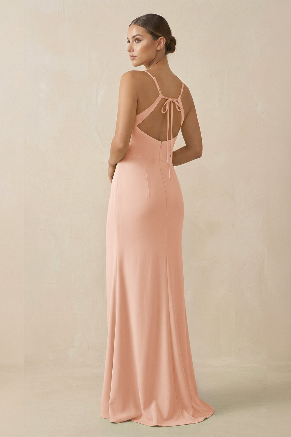 Sheath Spaghetti Straps Chiffon Long Bridesmaid Dress in English Rose - KissProm Bridesmaid Dresses