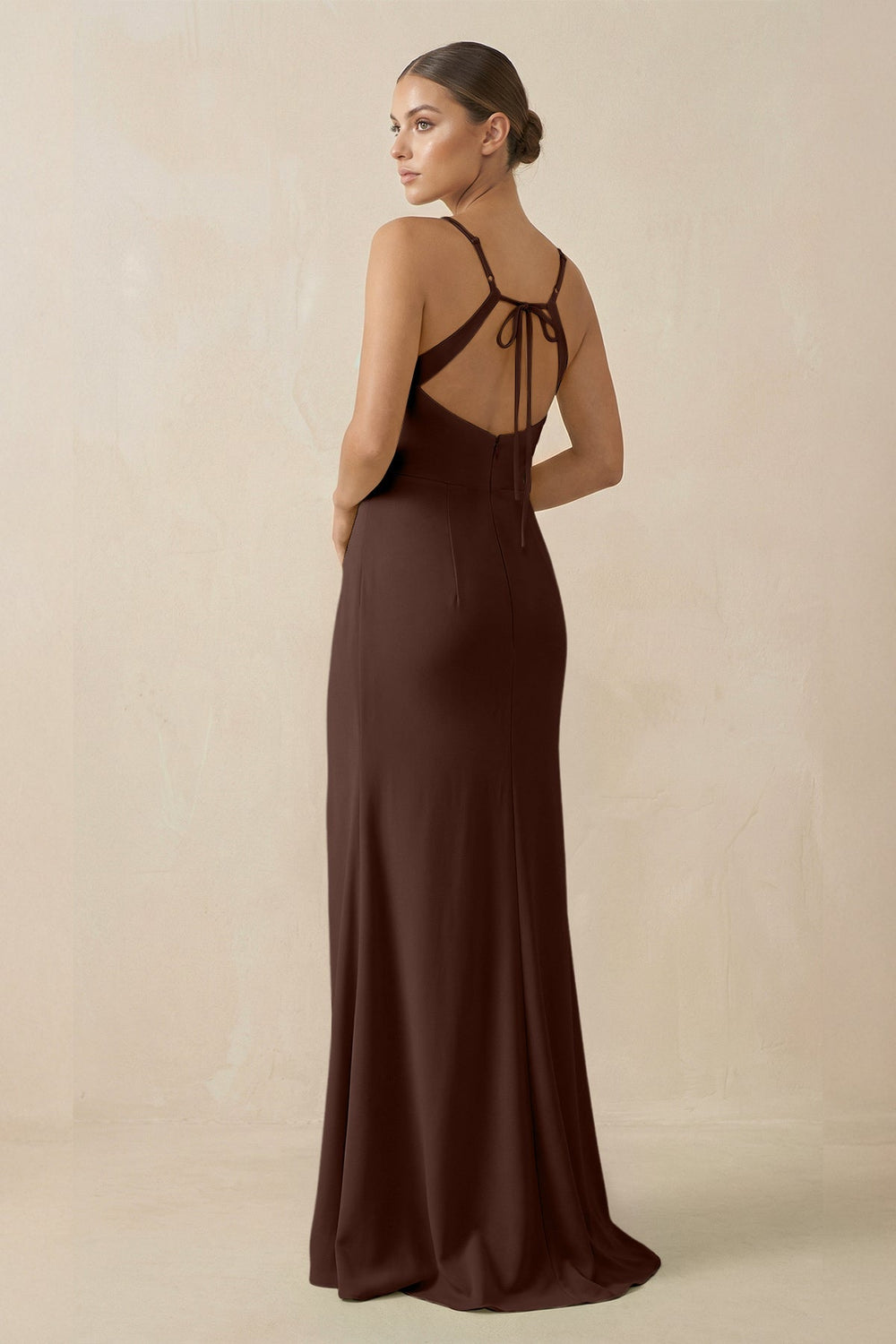 Sheath Spaghetti Straps Chiffon Long Bridesmaid Dress in Espresso - KissProm Bridesmaid Dresses
