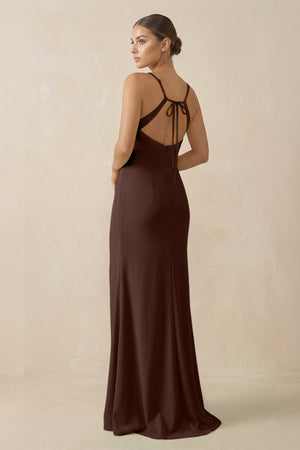 Sheath Spaghetti Straps Chiffon Long Bridesmaid Dress in Espresso - KissProm Bridesmaid Dresses