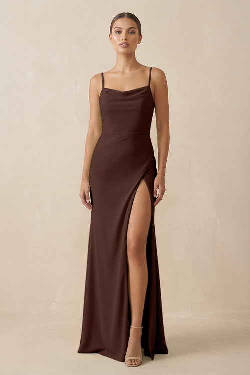 espresso brown bridesmaid dresses Satin Dress Prom Dress XXL Dillon by Grace Loves Lace or formal evening events Azazie A-Line/Princess Halter Neck Floor-Length