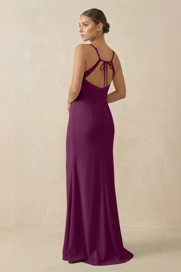 Sheath Spaghetti Straps Chiffon Long Bridesmaid Dress in Fig - KissProm Bridesmaid Dresses