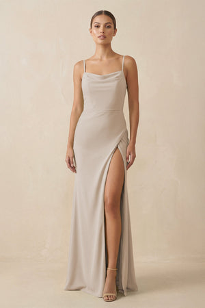 Sheath Spaghetti Straps Chiffon Long Bridesmaid Dress in Frost - KissProm Bridesmaid Dresses
