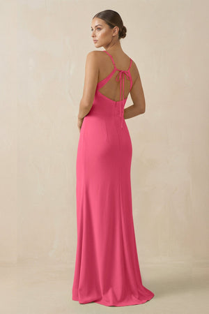 Sheath Spaghetti Straps Chiffon Long Bridesmaid Dress in Fuchsia - KissProm Bridesmaid Dresses