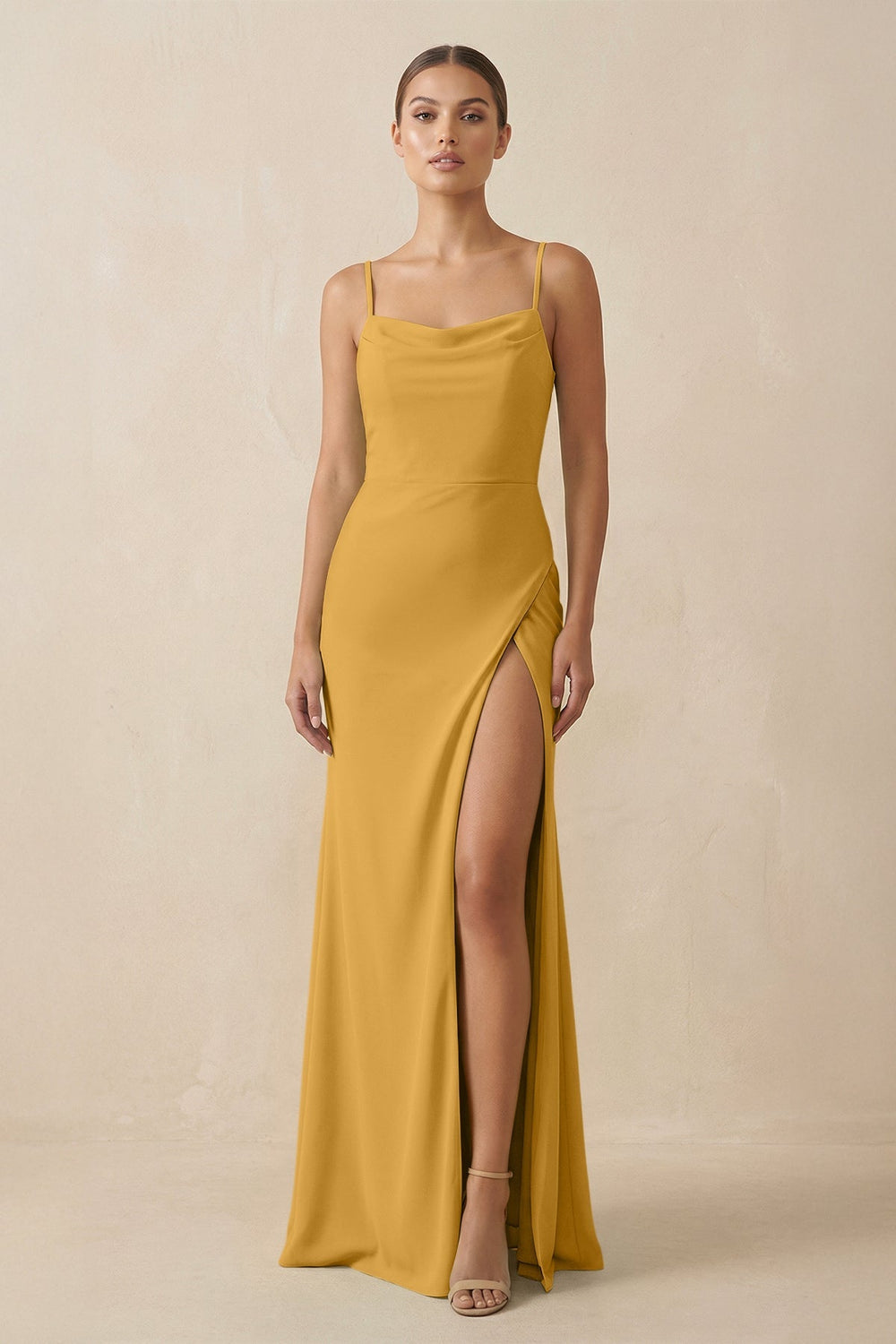 Sheath Spaghetti Straps Chiffon Long Bridesmaid Dress in Marigold - KissProm Bridesmaid Dresses