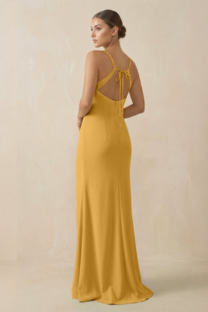 Sheath Spaghetti Straps Chiffon Long Bridesmaid Dress in Marigold - KissProm Bridesmaid Dresses