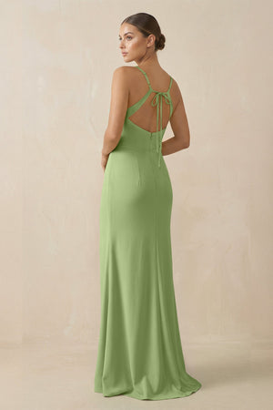 Sheath Spaghetti Straps Chiffon Long Bridesmaid Dress in Matcha - KissProm Bridesmaid Dresses