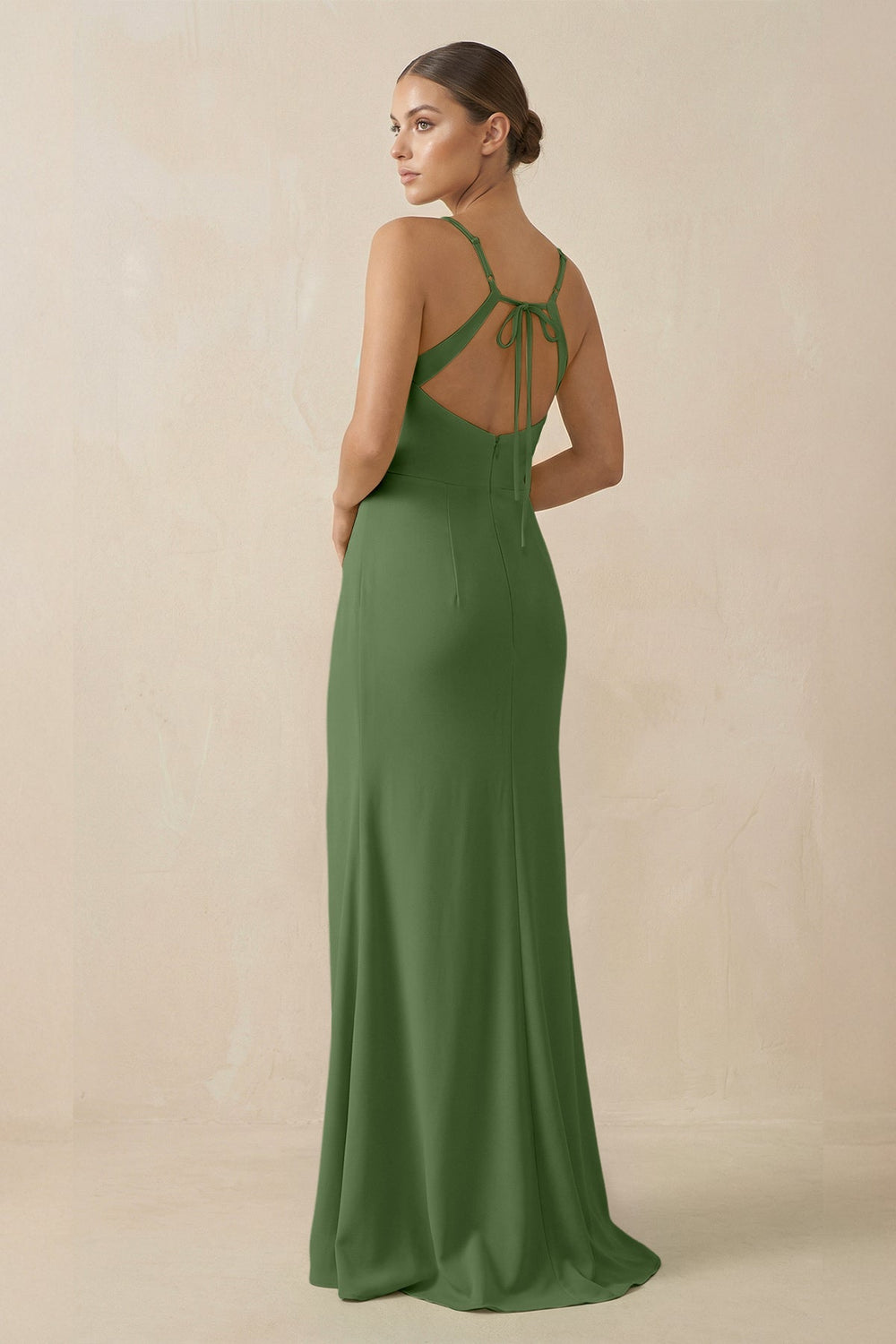Sheath Spaghetti Straps Chiffon Long Bridesmaid Dress in Moss - KissProm Bridesmaid Dresses