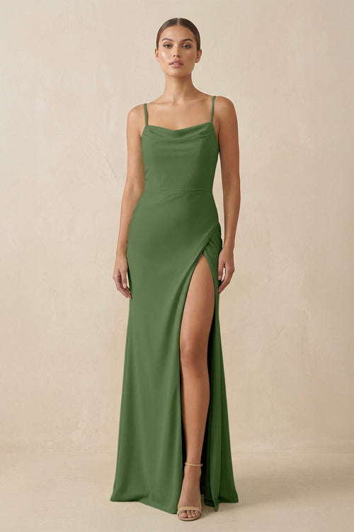 Sheath Spaghetti Straps Chiffon Long Bridesmaid Dress in Moss - KissProm Bridesmaid Dresses