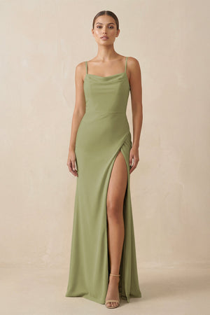 Sheath Spaghetti Straps Chiffon Long Bridesmaid Dress in Moss Green - KissProm Bridesmaid Dresses
