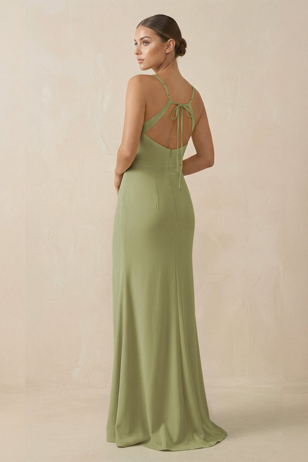 Sheath Spaghetti Straps Chiffon Long Bridesmaid Dress in Moss Green - KissProm Bridesmaid Dresses