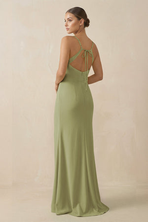 Sheath Spaghetti Straps Chiffon Long Bridesmaid Dress in Moss Green - KissProm Bridesmaid Dresses