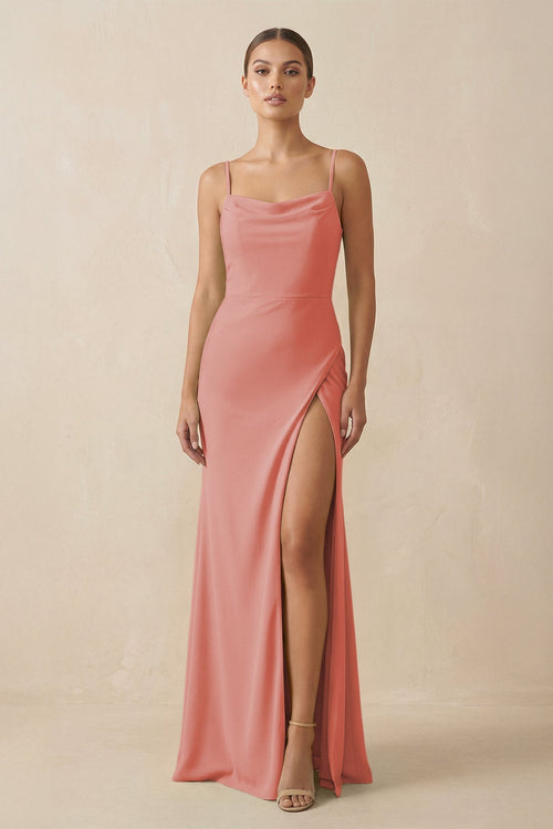 Sheath Spaghetti Straps Chiffon Long Bridesmaid Dress in Mulberry - KissProm Bridesmaid Dresses
