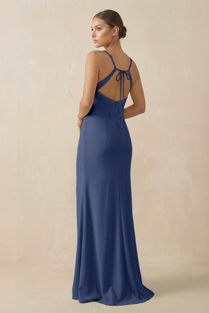 Sheath Spaghetti Straps Chiffon Long Bridesmaid Dress in Navy - KissProm Bridesmaid Dresses