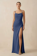 Sheath Spaghetti Straps Chiffon Long Bridesmaid Dress in Navy - KissProm Bridesmaid Dresses