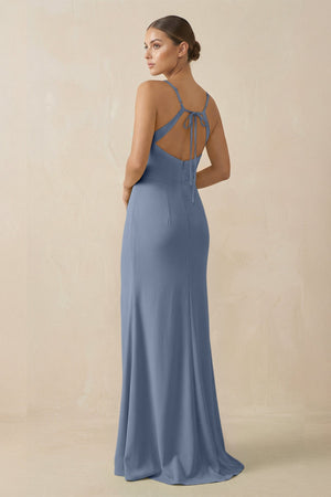 Sheath Spaghetti Straps Chiffon Long Bridesmaid Dress in Neptune - KissProm Bridesmaid Dresses