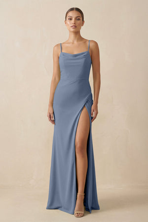Sheath Spaghetti Straps Chiffon Long Bridesmaid Dress in Neptune - KissProm Bridesmaid Dresses
