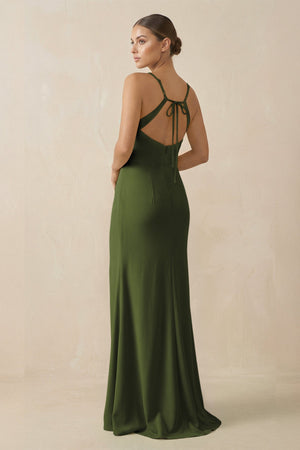 Sheath Spaghetti Straps Chiffon Long Bridesmaid Dress in Olive - KissProm Bridesmaid Dresses