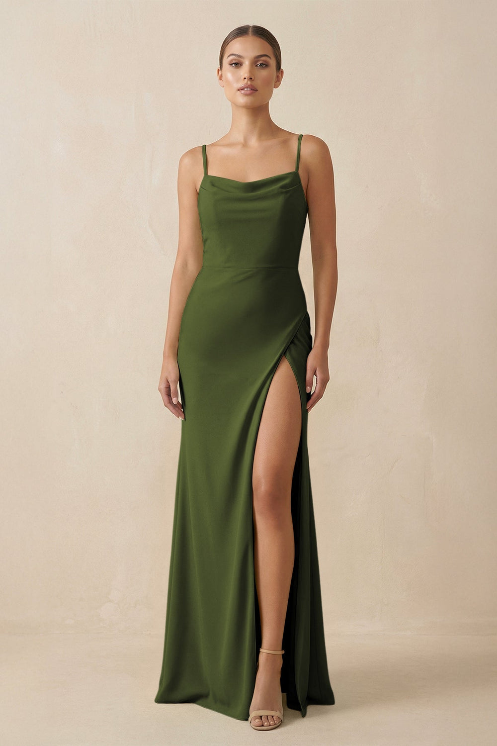 Sheath Spaghetti Straps Chiffon Long Bridesmaid Dress in Olive - KissProm Bridesmaid Dresses
