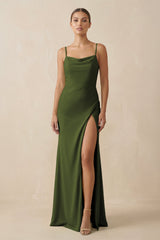 Sheath Spaghetti Straps Chiffon Long Bridesmaid Dress in Olive - KissProm Bridesmaid Dresses