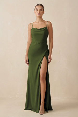 Sheath Spaghetti Straps Chiffon Long Bridesmaid Dress in Olive - KissProm Bridesmaid Dresses
