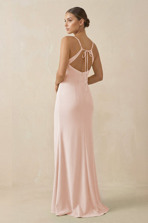 Sheath Spaghetti Straps Chiffon Long Bridesmaid Dress in Pale Blush - KissProm Bridesmaid Dresses
