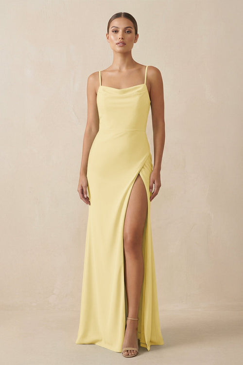 pastel yellow bridesmaid dress Sheath Spaghetti Straps Chiffon Long Bridesmaid Dress in Pastel Yellow, Pastel Yellow / 6