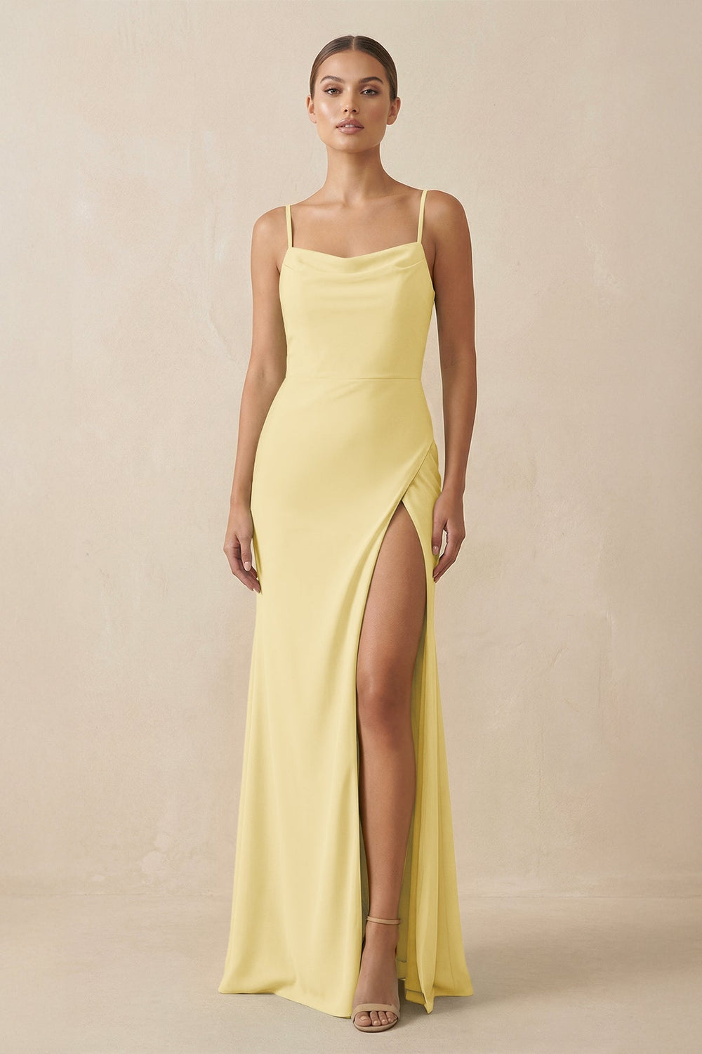 Sheath Spaghetti Straps Chiffon Long Bridesmaid Dress in Pastel Yellow - KissProm Bridesmaid Dresses
