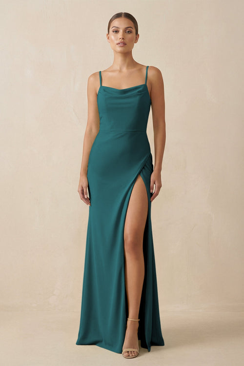 Sheath Spaghetti Straps Chiffon Long Bridesmaid Dress in Pine - KissProm Bridesmaid Dresses