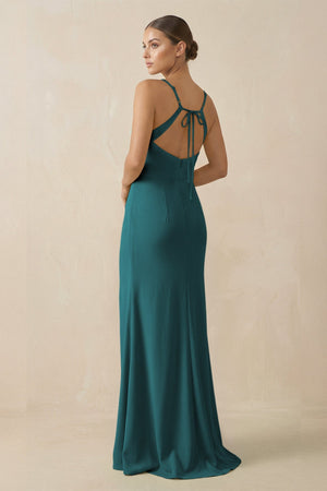 Sheath Spaghetti Straps Chiffon Long Bridesmaid Dress in Pine - KissProm Bridesmaid Dresses