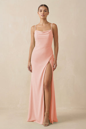 Sheath Spaghetti Straps Chiffon Long Bridesmaid Dress in Rose Petal - KissProm Bridesmaid Dresses