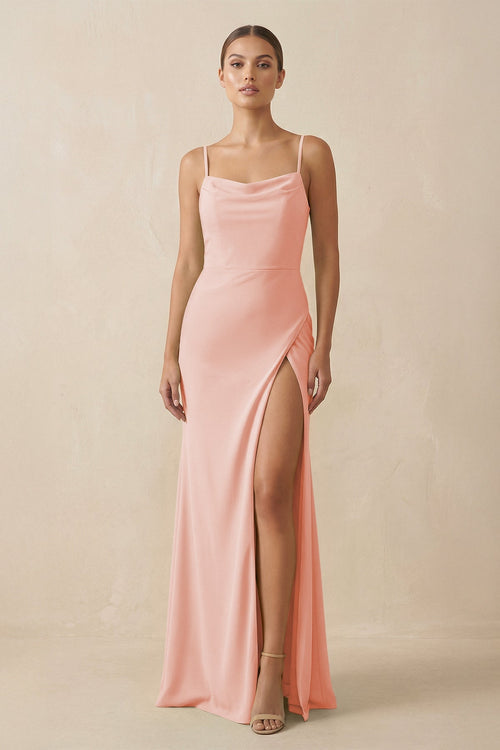 Sheath Spaghetti Straps Chiffon Long Bridesmaid Dress in Rose Petal - KissProm Bridesmaid Dresses