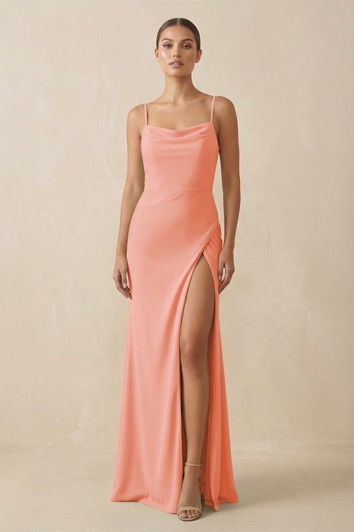 Sheath Spaghetti Straps Chiffon Long Bridesmaid Dress in Rosette - KissProm Bridesmaid Dresses