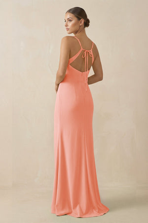 Sheath Spaghetti Straps Chiffon Long Bridesmaid Dress in Rosette - KissProm Bridesmaid Dresses