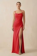 Sheath Spaghetti Straps Chiffon Long Bridesmaid Dress in Ruby Red - KissProm Bridesmaid Dresses