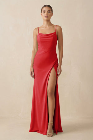 Sheath Spaghetti Straps Chiffon Long Bridesmaid Dress in Ruby Red - KissProm Bridesmaid Dresses