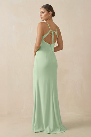 Sheath Spaghetti Straps Chiffon Long Bridesmaid Dress in Sage - KissProm Bridesmaid Dresses